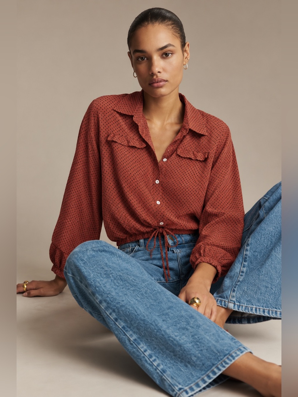 Zara Rust Dot Drawstring Button-Front Blouse - Women